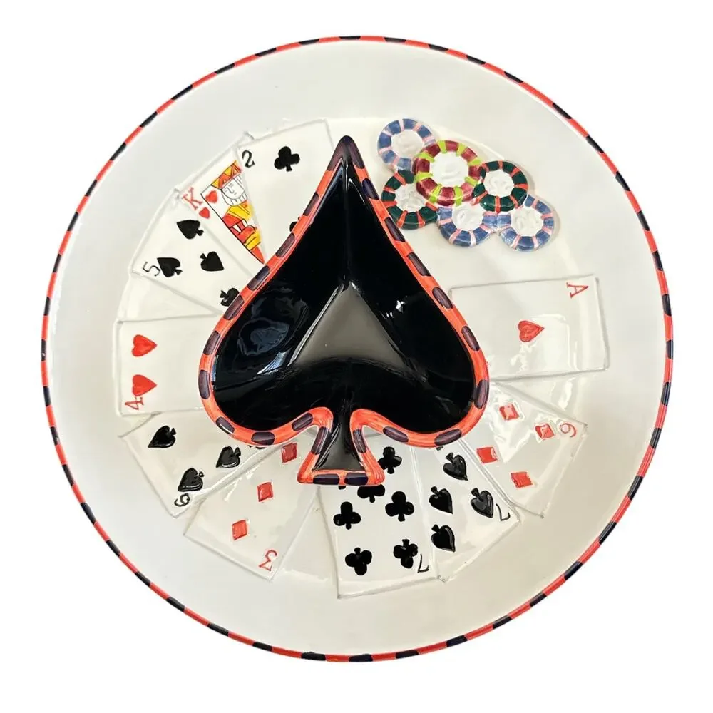 Poker Theme Chip and Dip Majolica Style Ceramic Cards Tray